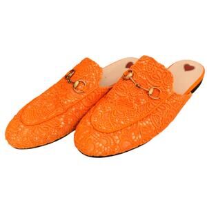 GUCCI Princetown Orange Lace Horsebit Mules EU 38.5 US 8.5 COA Luxury Slip On